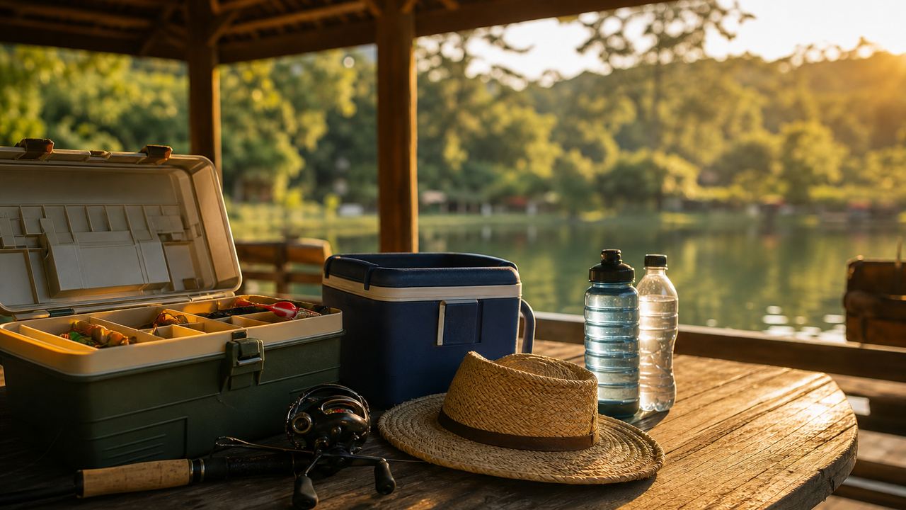 Mesa de madeira dentro de um quiosque coberto à beira do lago de um pesqueiro em Matinhos, com caixa de pesca aberta